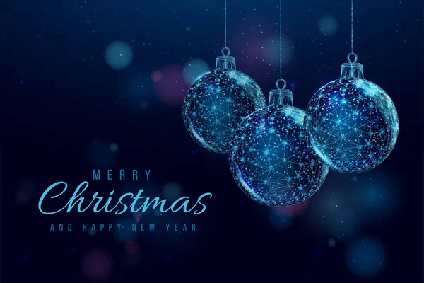 Tel çerçeveli Noel topları, düşük polimerli. Mutlu Noeller ve yeni yıl afişi.