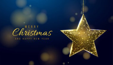 Tel çerçeveli altın top, düşük polimerli. Noel ya da Yeni Yıl konsepti için afiş. Mavi arkaplanda soyut 3d vektör çizimi.