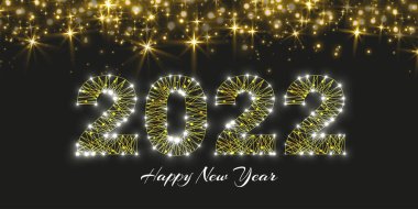 Mutlu yıllar 2022 tebrik kartı. Düşük polimerli tasarım. Çokgen kablo örgüsünden numaralar. Koyu arkaplanda soyut vektör çizimi.