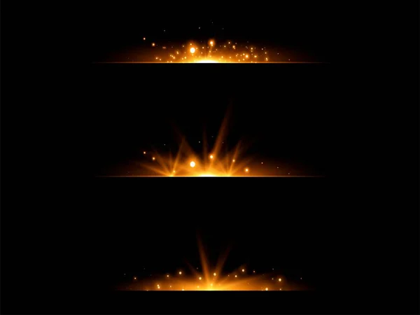 Набор вспышек золотых горизонтальных линз. Вспышка солнца с лучами или золотым прожектором и боке. Эффект желтой вспышки света. Векторная иллюстрация. — стоковый вектор