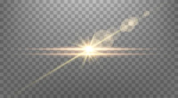 Gold horizontal lens flare. Sun flash with rays or gold spotlight and bokeh. Yellow glow flare light effect. Vector illustration. — Stock Vector