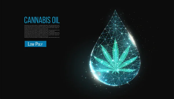 Kenevir yağı konsepti. Siyah arka planda düşük miktarda kenevir ve yağ damlası. Marihuana yaprağı kablo aydınlatma bağlantı yapısı, 3d çokgen grafik.