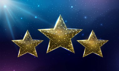 Kablo çerçeve yıldızları, düşük polimerli. Başarı, kazanan, değerlendirme konsepti. Koyu mavi arkaplanda soyut 3d vektör çizimi.