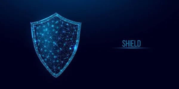 Escudo. Conceito de segurança cibernética com escudo poli brilhante sobre fundo azul escuro. Wireframe design poli baixo. — Vetor de Stock