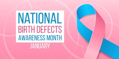 Ulusal Doğum kusurları ayı konsepti. Pembe ve mavi kurdeleli bayrak, farkındalık ve metin. Vektör illüstrasyonu.