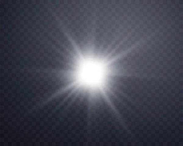 Серебряная вспышка солнечного света, солнечная вспышка с лучами и прожектором. Светящийся взрыв на прозрачном фоне. Векторная иллюстрация. — стоковый вектор