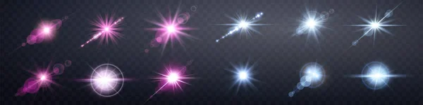 Pink and blue lens flares set. Isolated on transparent background. Sun flash with rays or spotlight and bokeh. Pink glow flare light effect. — Stock Vector