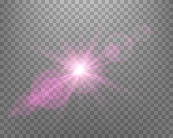 Sunlight lens flare, sun flash with rays and spotlight. Pink glowing burst explosion on a transparent background. — Stock Vector