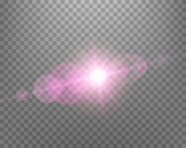 Sunlight lens flare, sun flash with rays and spotlight. Pink glowing burst explosion on a transparent background. — Stock Vector