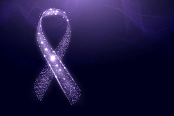 World cancer day concept. Banner with glowing low poly purple ribbon awareness. Futuristic modern abstract background. — Stockvektor