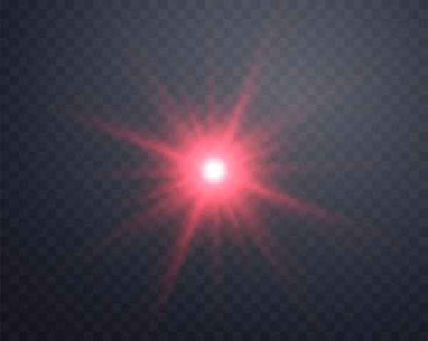 赤い太陽光レンズフレア、光線とスポットライト付きの太陽のフラッシュ。透明な背景にバースト爆発を噴出する。ベクターイラスト. — ストックベクタ