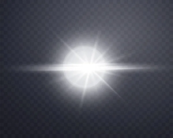 Silberne Sonnenlichtlinse, Sonnenlicht mit Strahlen und Scheinwerfern. Glühende Explosion auf transparentem Hintergrund. — Stockvektor