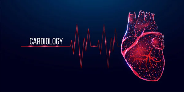Cardiology concept banner. Wireframe low poly style red heart. Abstract modern 3d vector illustration Illustrazione Stock
