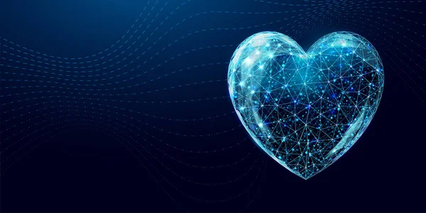 Blue heart. Happy Valentines day concept. Wireframe low poly style. Abstract modern 3d vector illustration on dark blue background. —  Vetores de Stock