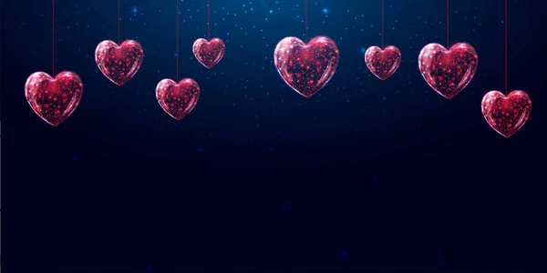Hanging red hearts. Saint Valentines day concept with glowing low poly hearts. Futuristic modern abstract. Isolated on dark blue background. — Vettoriale Stock