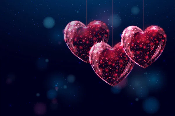 Wireframe red hearts in low poly style. Saint Valentines day concept with glowing low poly hearts. Futuristic modern abstract. Isolated on dark blue background. — Stockvektor