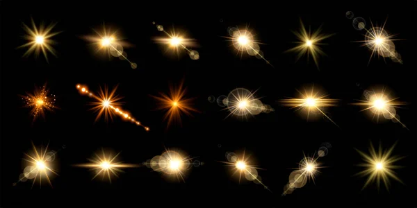 Gold lens flares set. Isolated on black background. Sun flash with rays or gold spotlight and bokeh. Yellow glow flare light effect. Vector illustration