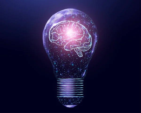 Wireframe cérebro humano poligonal em uma lâmpada. Ideia de negócio, conceito de brainstorming com lâmpada poli brilhante. Futurista moderno fundo abstrato. Ilustração vetorial Ilustrações De Bancos De Imagens Sem Royalties