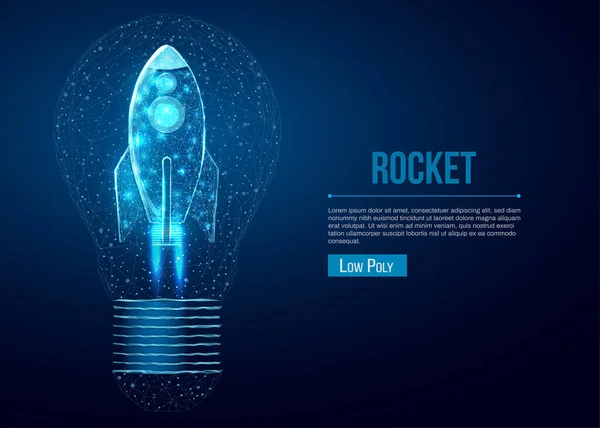 Rocket launch in lightbulb, wireframe polygonal style. Internet technology network, business startup concept with glowing low poly rocket. Futuristic modern abstract background. Vector illustration Векторная Графика
