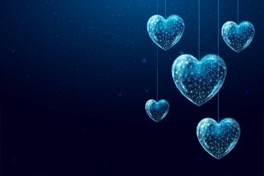 Wireframe hearts in low poly style. Happy Valentines day banner. Abstract modern 3d vector illustration on dark blue background