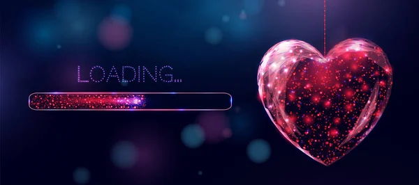 Wireframe red heart and loading bar, low poly style. Merry Happy Valentines day banner. Abstract modern 3d vector illustration on blue background — Stockvektor