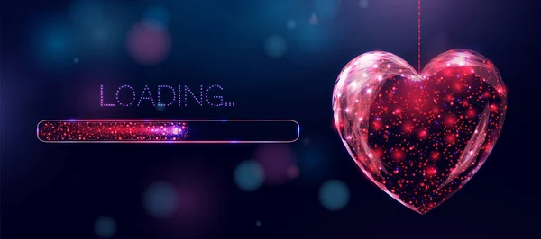 Wireframe red heart and loading bar, low poly style. Merry Happy Valentines day banner. Abstract modern 3d vector illustration on blue background