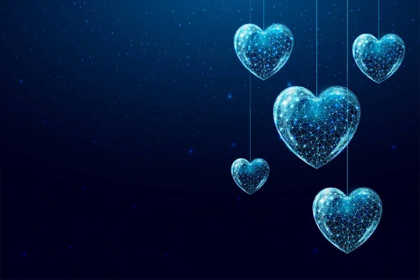 Wireframe hearts in low poly style. Happy Valentines day banner. Abstract modern 3d vector illustration on dark blue background — Image vectorielle