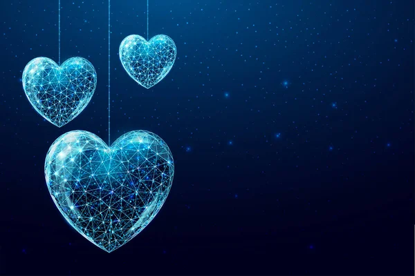 Wireframe hearts in low poly style. Happy Valentines day banner. Abstract modern 3d vector illustration on dark blue background —  Vetores de Stock