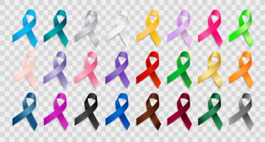 Set of realistic different color ribbon awareness ribbons. Elements for design. Vector ribbon various colors isolated on white background clipart
