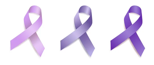 Set of tree ribbon awareness purple, lavender, periwinkle blue. Esophageal, Gastric, Stomach, General cancer, Alzheimer s Disease, Cystic Fibrosis, Domestic Violence. Isolated on white background — Stock Vector