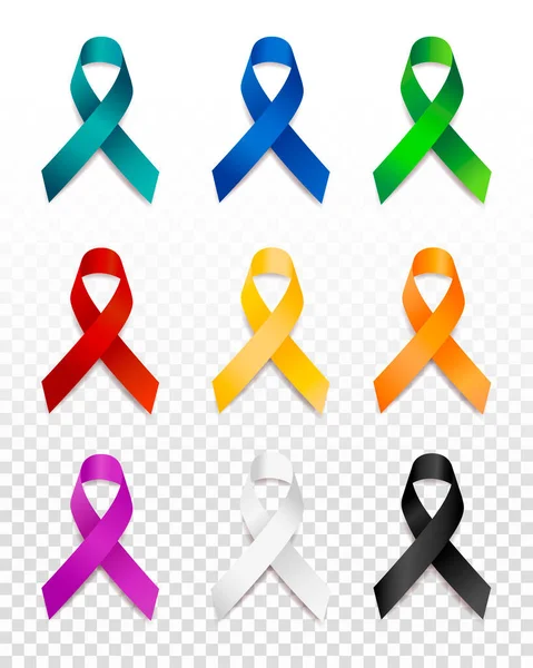 Ribbon Awareness Cancer Set Nine Realistic Most Common Colors Ribbons — Stock Vector