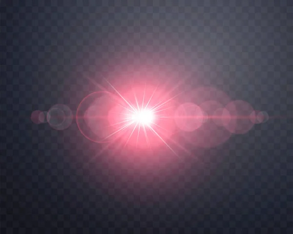 Red sunlight lens flare, sun flash with rays and spotlight. Glowing burst explosion on a transparent background. Vector illustration — Stock Vector