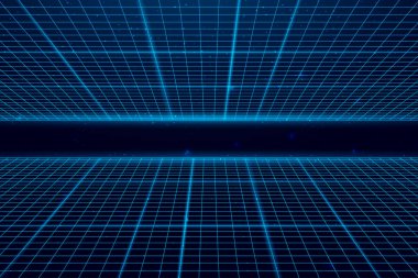 Kablo çerçeve perspektif ızgarası. Uzay neon sonsuzluk ağı, soyut retro arkaplan. Vektör illüstrasyonu