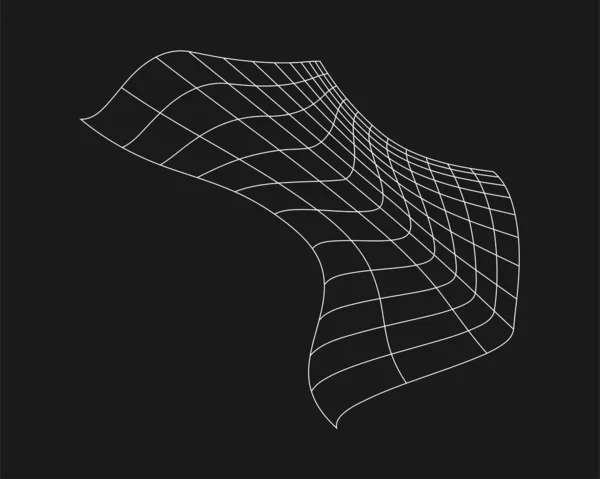 Cyber distorted grid, retro punk design element. Wireframe wave geometry grid on black background. Vector illustration — Stock Vector