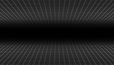 Kablo çerçeve perspektif ızgarası. Siyah zemin üzerinde beyaz sonsuzluk örgüsü, soyut retro tarzı. Vektör illüstrasyonu