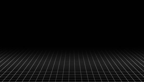 Wireframe siatki perspektywicznej. Biała siatka nieskończoności na czarnym tle, streszczenie stylu retro. Ilustracja wektora — Wektor stockowy