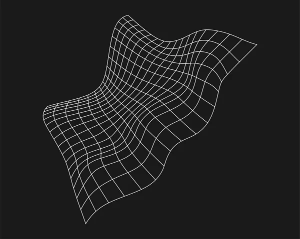 Cyber distorted grid, retro punk design element. Wireframe wave geometry grid on black background. Vector illustration — Stock Vector