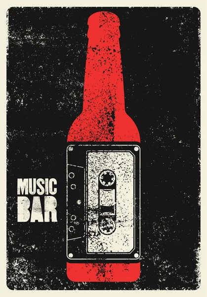 Music Bar Typograficzny Styl Grunge Plakat Projekt Butelki Piwa Kasety — Wektor stockowy