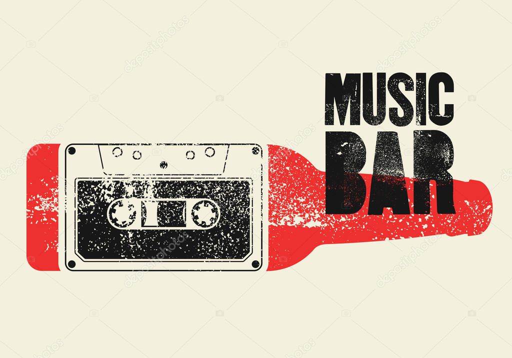 Music Bar typographic grunge style poster design with beer bottle and audio cassette. Retro vector illustration.