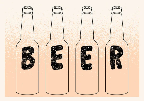 ビールハンドは 4本のボトルとスプラッシュスタイルの背景を持つスクリブルスタイルの碑文ポスターを描いた ベクターイラスト — ストックベクタ