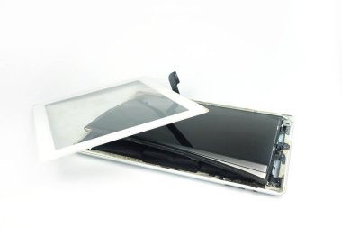 the damage break broken screen and expiry date baterry of white tablet laptop computer isolated on white table background