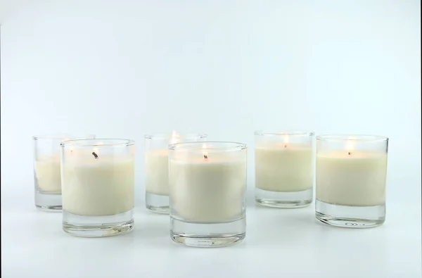 Luxury Aroma Lighting Aromatic Scented Candle Glass Displayed White Table — Stock Photo, Image