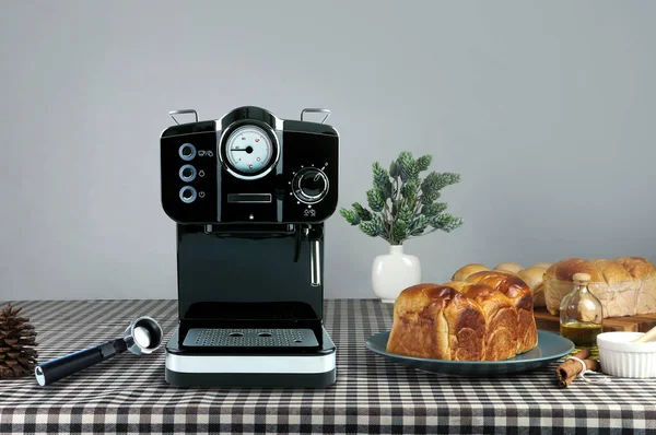 Black Modern Design Coffee Machine Table Homemade Bread Toasts Grey — стоковое фото