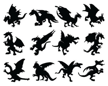 Black silhouettes of dragons on a white background