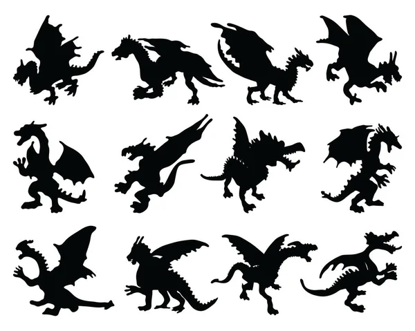 Black Silhouettes Dragons White Background — Vector de stock