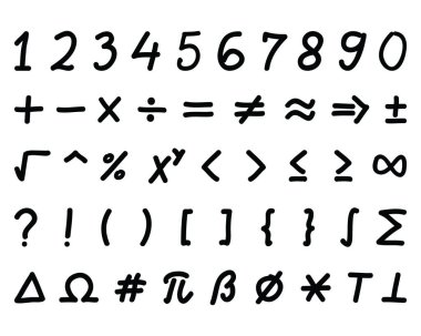 Set of black  mathmetical signs hand drawing on white background