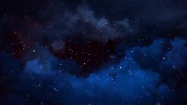 Mavi Noel Bulutu 4K Döngüsü, kar ve parçacıkların izleyiciye doğru döngü içinde uçtuğu mavi bulutlar arasında uçuyor..