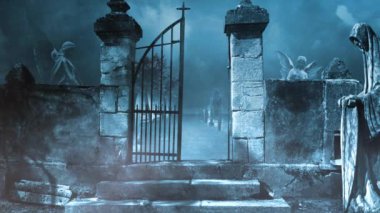 Cemetery Gate 4K Loop 'un yanından geçen iskeletin gölgesi, heykeller ve sisle çevrili eski bir mezarlık, tuğla duvar ve kapılı bir iskelet geçidi var..