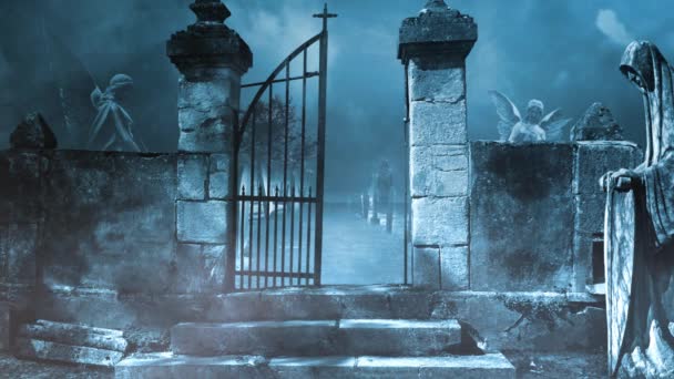 Eerie Cemetery Gate Blue Foggy Atmosphere Loop Features Old Cemetery — Stock Video