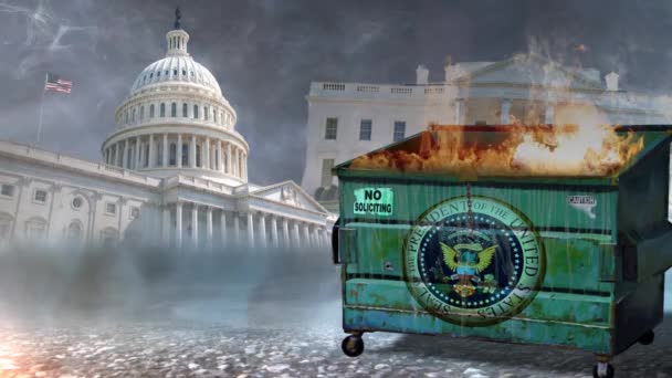 政治垃圾箱消防背景4K的特点是垃圾箱的顶部起火 首都大楼和白色房子在烟雾弥漫的背景下 — 图库视频影像